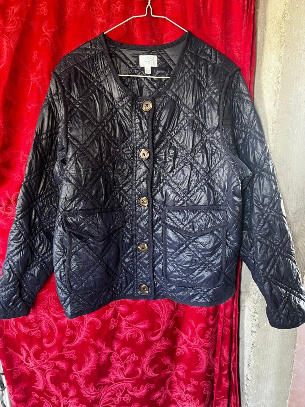 Time and Tru Quilted Lightweight Button Front Liner Jacket Navy Blue Size L 12-1
